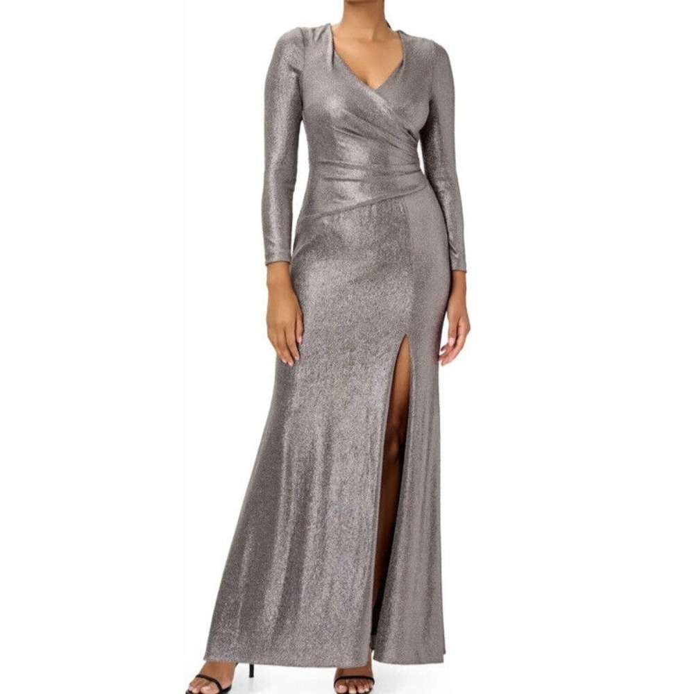 Adrianna Papell Women's Metallic-Jersey Stretch Side Ruched Size 8